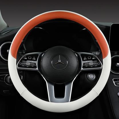Perforated Nappa Leather Car Steering Wheel Cover Warm in Winter and Cool in Summer, Universal 15 Inch,  Anti-Slip, Odorless