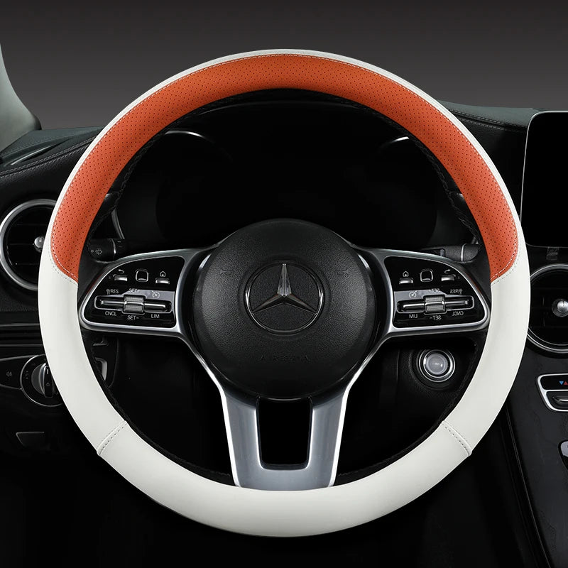 Perforated Nappa Leather Car Steering Wheel Cover Warm in Winter and Cool in Summer, Universal 15 Inch,  Anti-Slip, Odorless