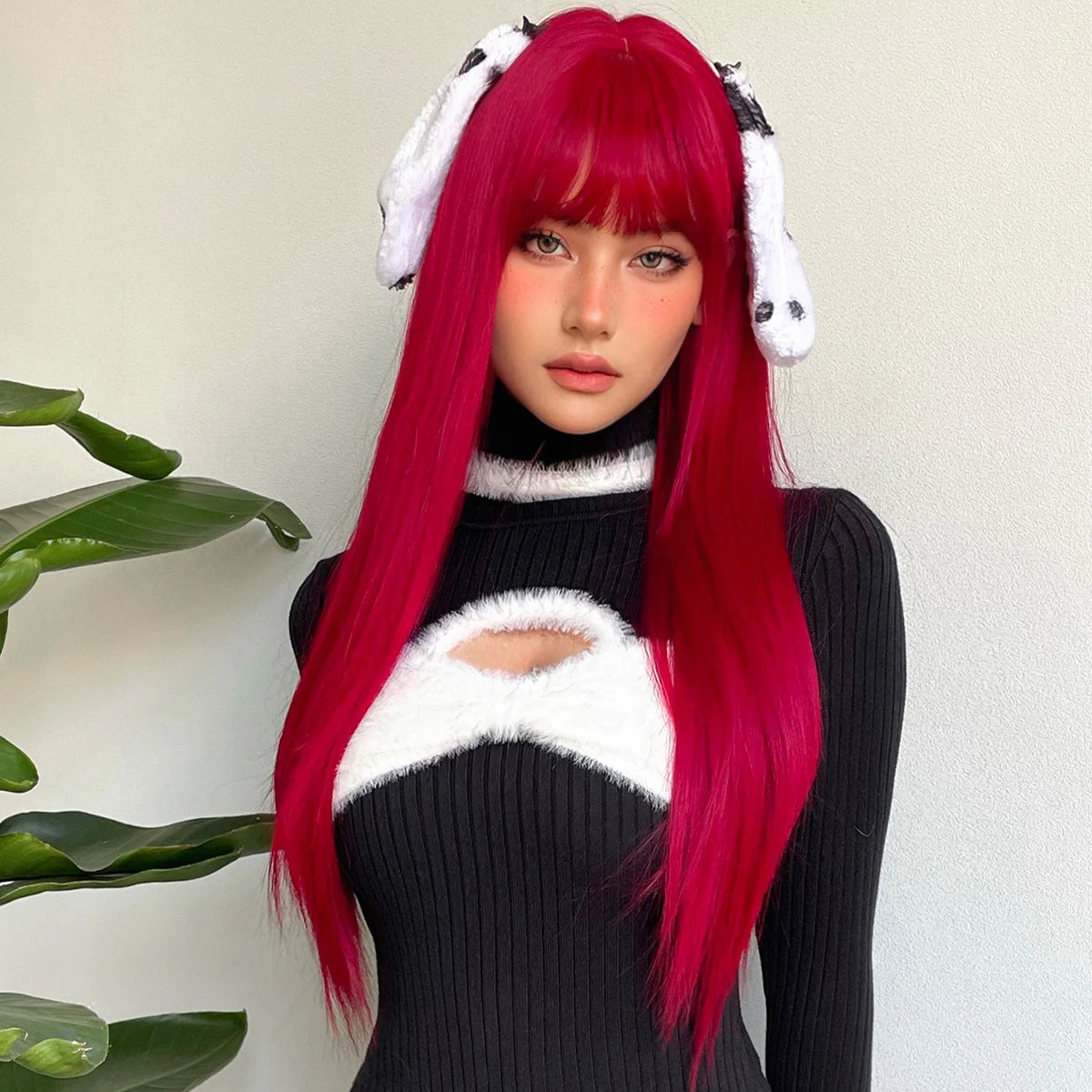 Light Wine Red Synthetic Wigs With Bangs for Women, Long Straight Hair Wig, Natural Cosplay Party, Heat Resistant