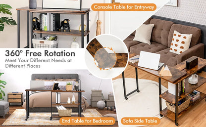 Large 360° Free Rotating Sofa Side Table, Patented Mobile Couch Desk with 2-Tier Storage Shelves, Movable Laptop Table