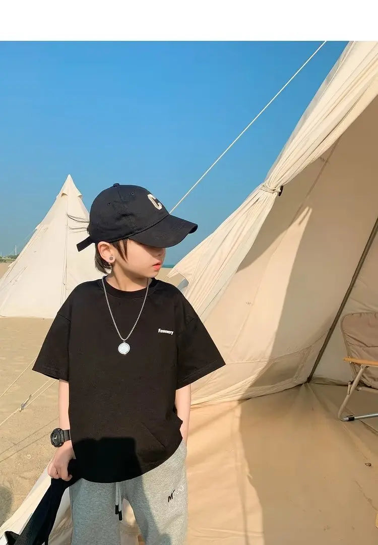 Camiseta de manga corta de verano para niños, Top de cuello redondo para niños pequeños y medianos, moda informal versátil de media manga