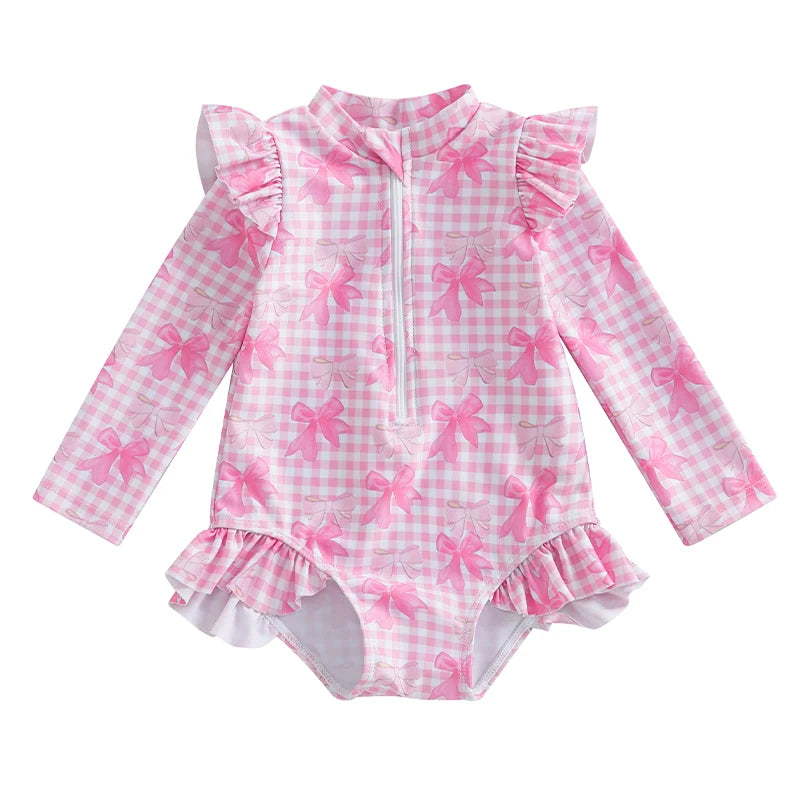 Traje de baño de verano para niñas pequeñas, estampado floral, sin espalda, con volantes, manga larga, ropa de playa para niñas de 0 a 4 años