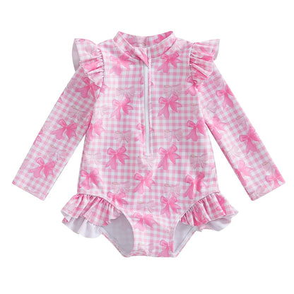 Traje de baño de verano para niñas pequeñas, estampado floral, sin espalda, con volantes, manga larga, ropa de playa para niñas de 0 a 4 años