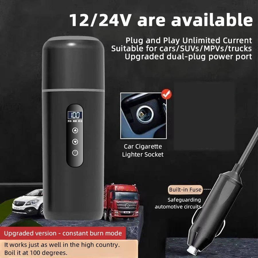 Hervidor eléctrico portátil para coche, 12 V, 24 V, 500 ml, para viaje, con aislamiento inteligente de acero inoxidable y pantalla OLED