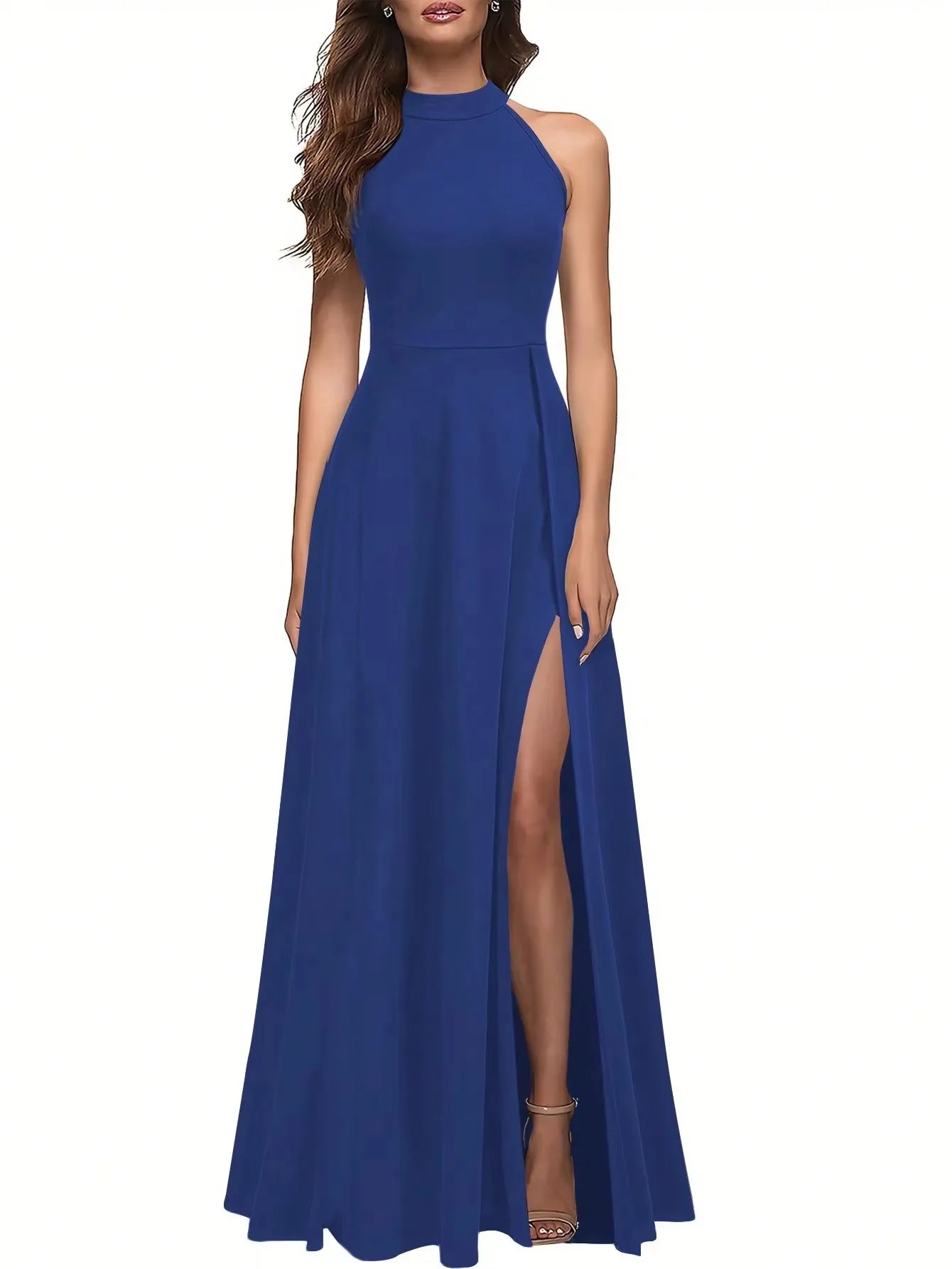 Solid Color High Neck Side Slit Long Evening Gown for Women - Slimming Elegant Formal Dress for Banquets and Parties