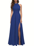 Solid Color High Neck Side Slit Long Evening Gown for Women - Slimming Elegant Formal Dress for Banquets and Parties