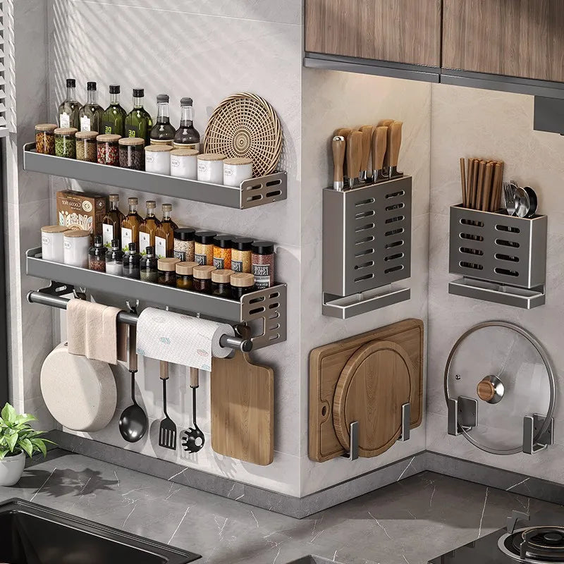 Gunmetal Space Aluminum Kitchen Storage Rack - No-Drill Wall Mounted Multi-Functional Organizer for Spice Jars and Knives