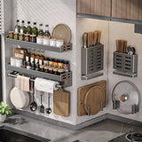 Gunmetal Space Aluminum Kitchen Storage Rack - No-Drill Wall Mounted Multi-Functional Organizer for Spice Jars and Knives