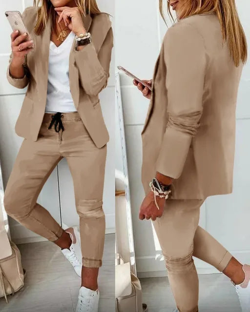 Autumn Winter Blazer Pants Two Piece Set Women Fashion Solid Long Sleeve Suit Coat Outfits Fashion Casual Pencil Pant Sets 
