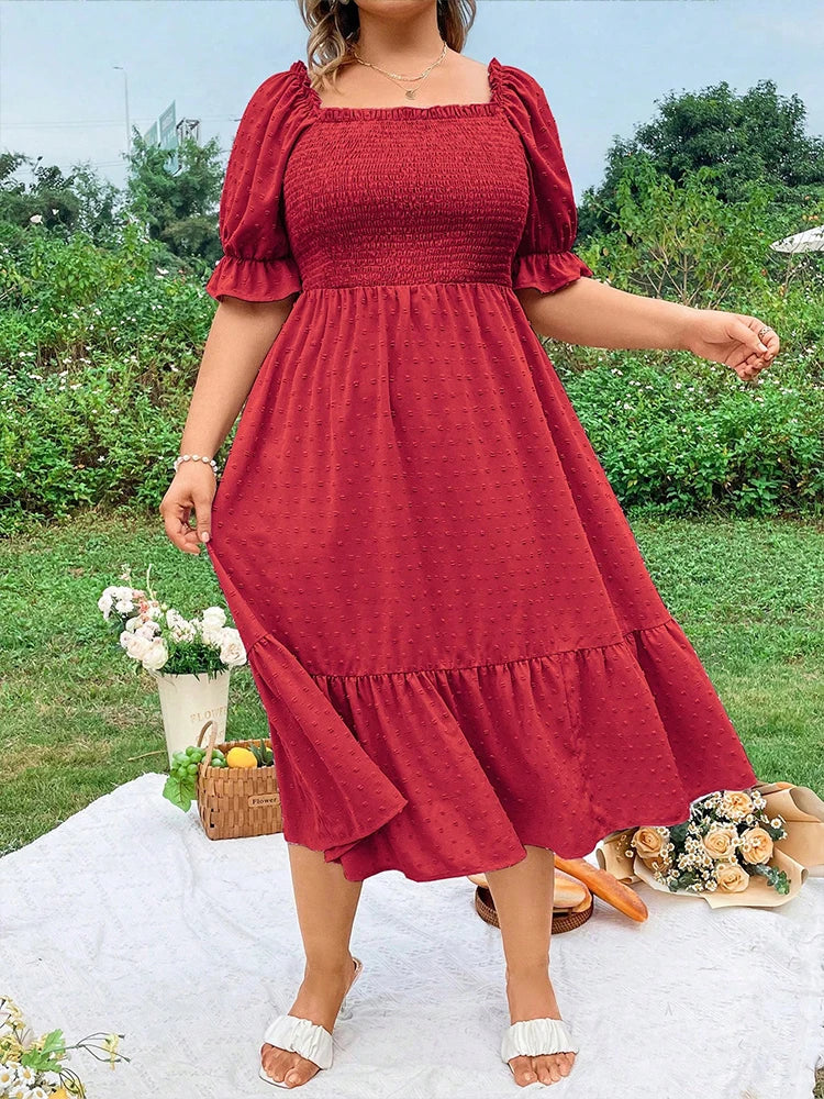 Plus Size Women's Pure Color Wrap Ruffle Hem Midi Dress Square Neck Backless Short Sleeve Dress Elegant temperament