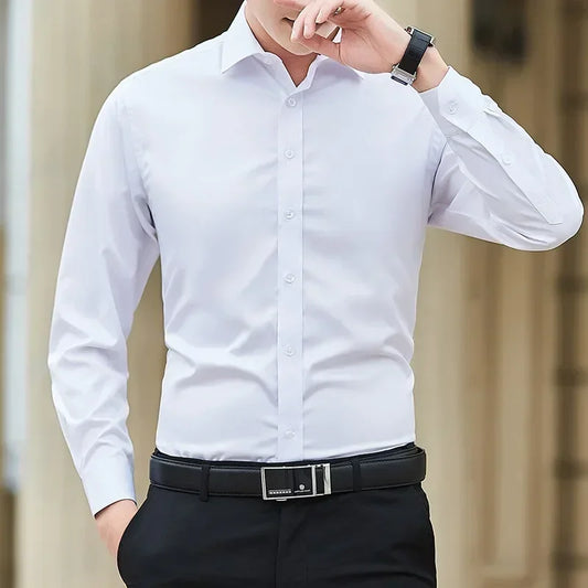 Camisa de negocios de manga larga para hombre, color liso, talla grande 8XL, nueva, clásica, básica, informal, ajustada, blanca, para primavera y otoño