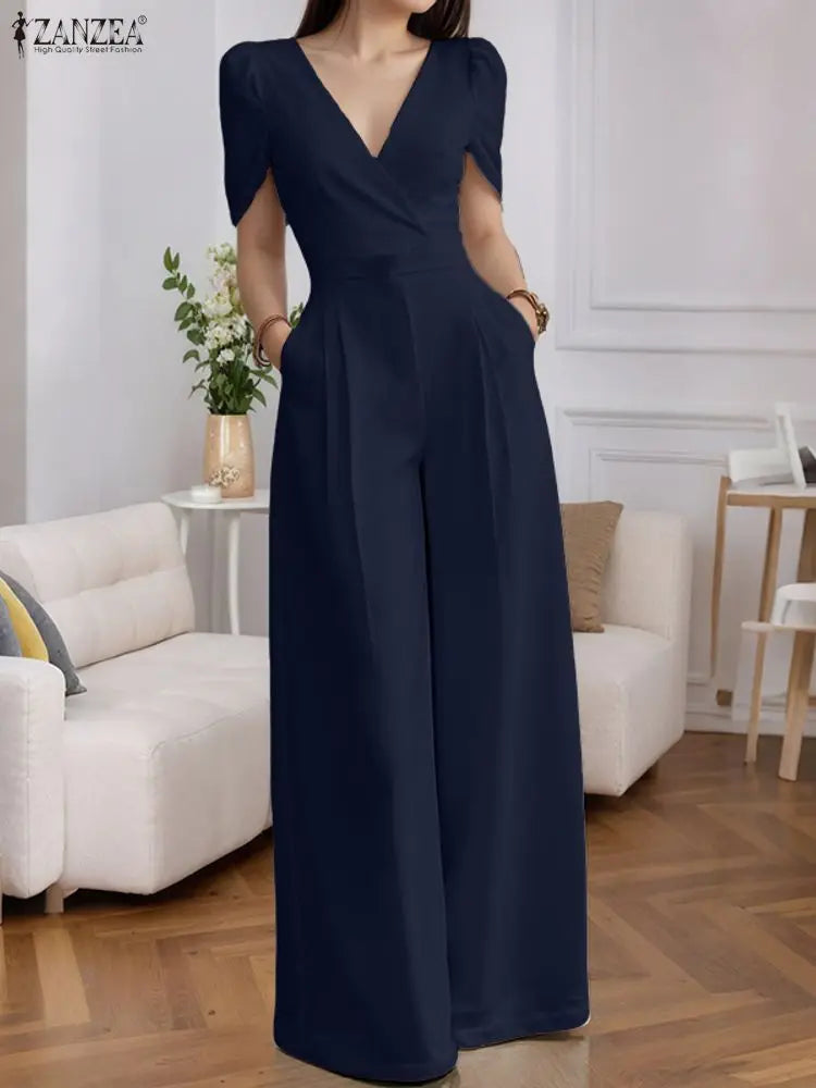 ZANZEA Street Fashion High Waist Jumpsuits Women Workwear Belt Rompers Solid Deep V Neck Elegant Office Lady Long Overalls
