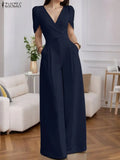 ZANZEA Street Fashion High Waist Jumpsuits Women Workwear Belt Rompers Solid Deep V Neck Elegant Office Lady Long Overalls