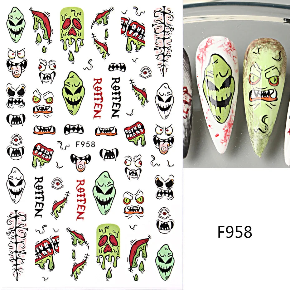 Cinturón negro 5D pegatinas en relieve gótico Halloween estilete calabaza calavera telaraña cremallera manicura uñas gel autoadhesivo decoración