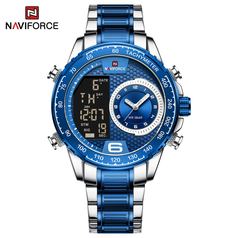 NAVIFORCE Luxury Quartz Watch for Men Honeycomb Dial Design Stainless Steel Wristwatch Dual Display Digital Watches Male Clock
