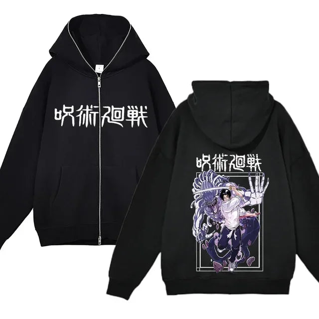 Chaquetas con cremallera de Anime Gojo Satoru, sudadera con capucha de forro polar fino, sudaderas con cremallera Y2K, Jujutsu Kaisen 