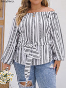 Fairyshely 2025 Spring Stripe Print Plus Size Top Women Long Sleeve Large Pullover T-shirt Lady Off Shoulder Casual Curvy Tops