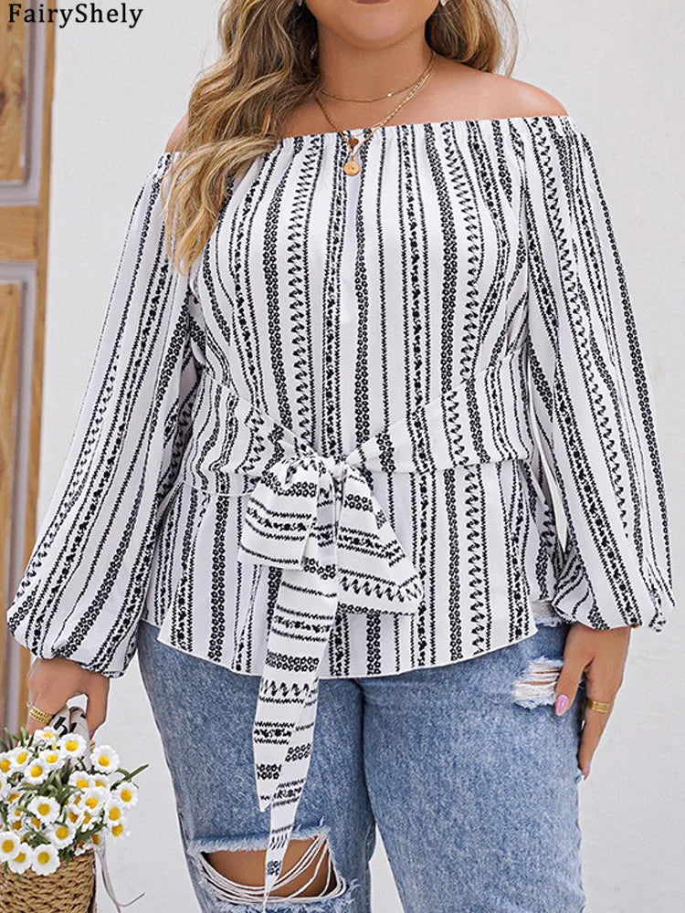 Fairyshely 2025 Spring Stripe Print Plus Size Top Women Long Sleeve Large Pullover T-shirt Lady Off Shoulder Casual Curvy Tops