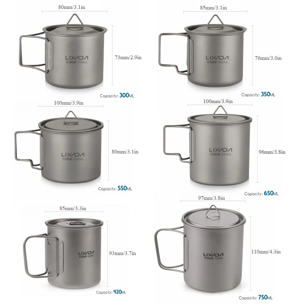 Taza de agua ultraligera de titanio Lixada con asa plegable, portátil para exteriores, camping, picnic, 300 ml/350 ml/550 ml/650 ml