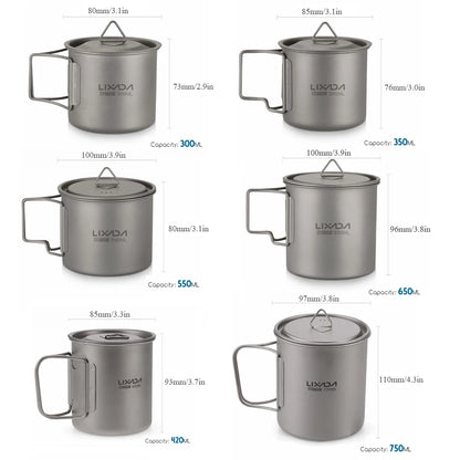 Taza de agua ultraligera de titanio Lixada con asa plegable, portátil para exteriores, camping, picnic, 300 ml/350 ml/550 ml/650 ml