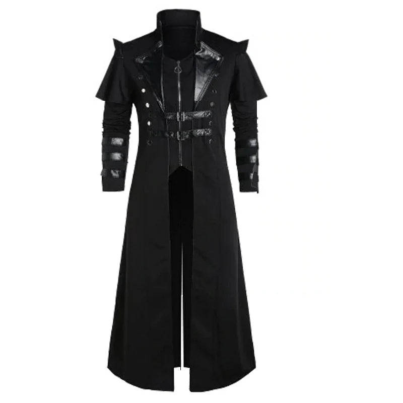 Vintage Halloween Medieval Steampunk Assassin Elves Pirate Costume Adult Men Black Long Split Jacket Gothic Armor Leather Coats