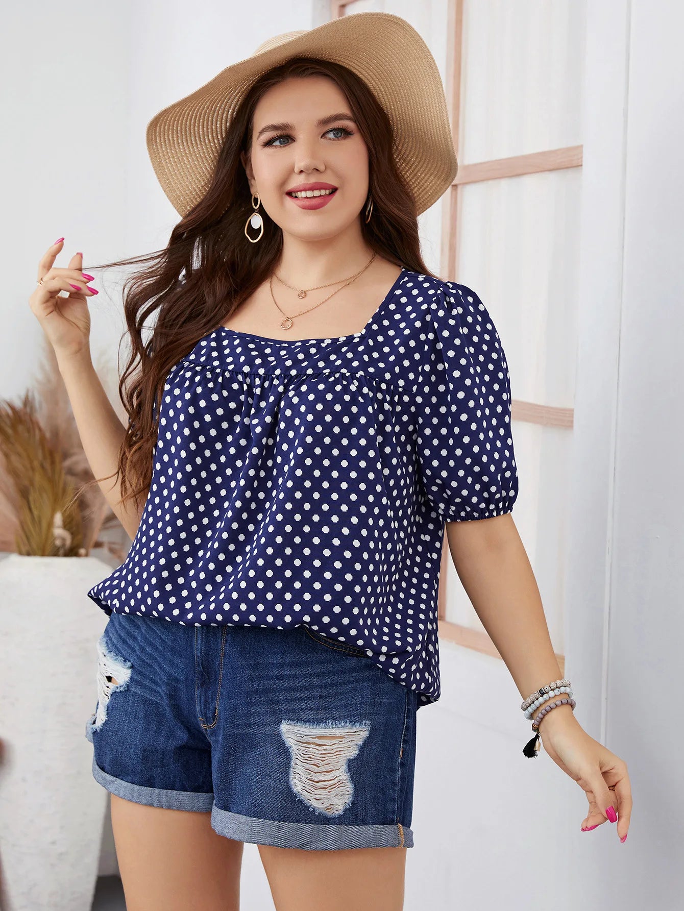 Fairyshely 2025 Summer Casual Print Plus Size Top Women Square Collar Loose Large T-shirt Lady Short Sleeve Elegant Curvy Tops
