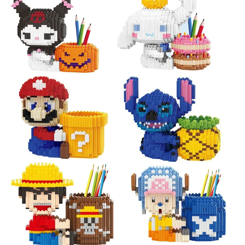 Linkgo Sanrio Building Block Pen Holder Luffy Stitch Chopper Pochacco Kuromi DIY Assembly Super Mario Puzzle Mini Bricks Toys