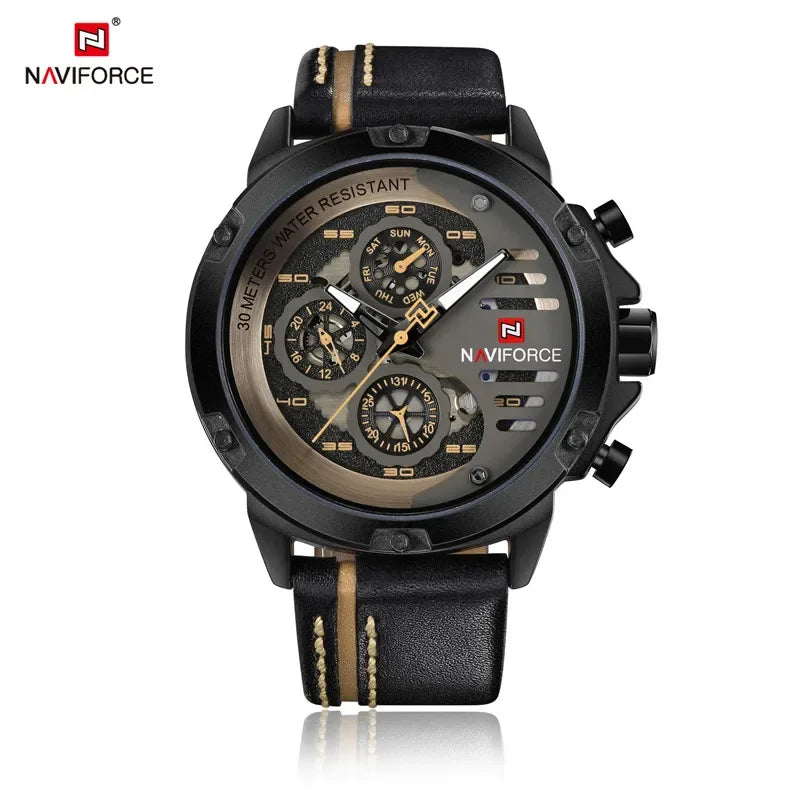 NAVIFORCE Men Watch Sport Man Wristwatch Top Brand Luxury Gold Military Date Week Genuine Leather Quartz Male Clock Gift 9110