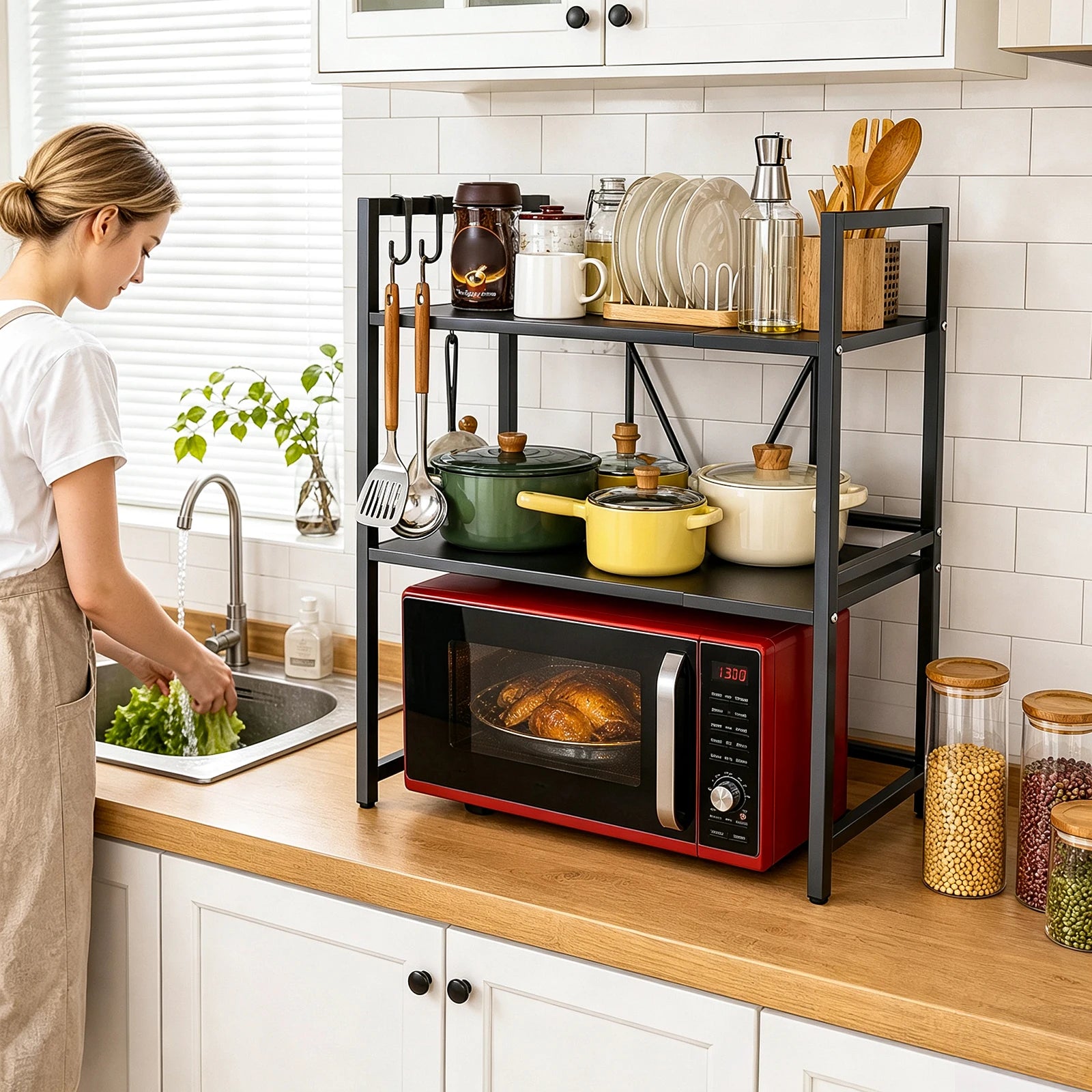 3-Tier Microwave Oven Rack Shelf Kitchen Countertop Oven Rack Expandable Seasoning Storage Rack Stand Storage Tableware Racks