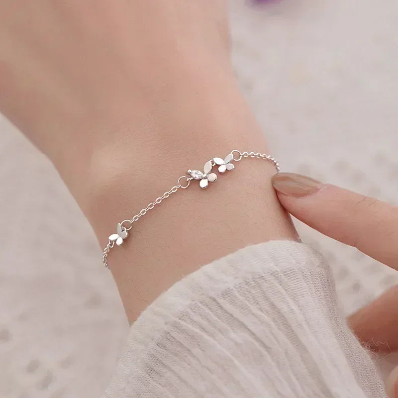 925 Sterling Silver Diamond-Studded Butterfly Bracelet for Women Adjustable Jewelry Flower Temperament Fashion 