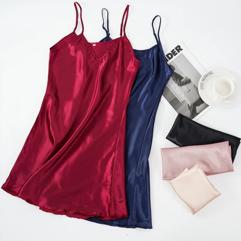 Camisón sexy de satén para mujer, de seda sintética, con tirantes finos, cuello en V, sin mangas