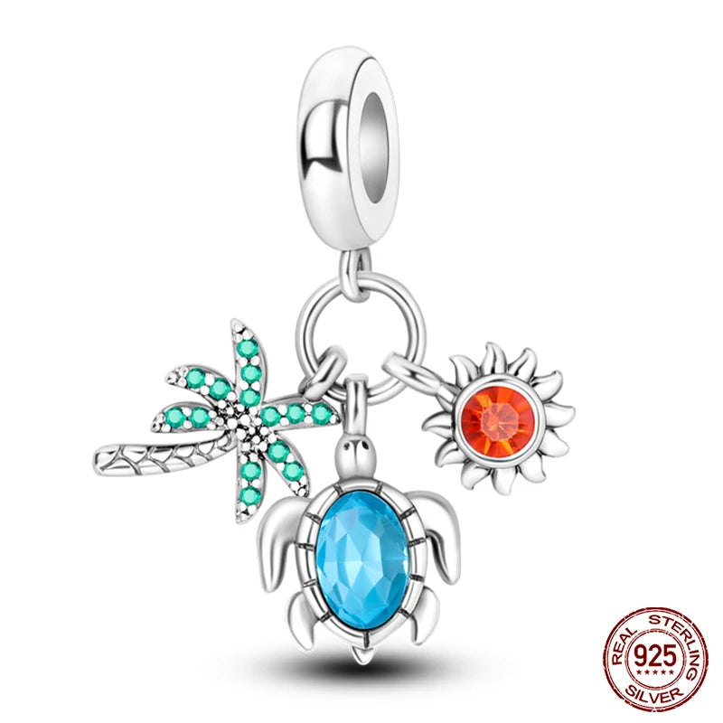 Ocean Series - Original Genuine 925 Sterling Silver Turtle Crab Mermaid Charm Beads Suitable for 3mm Bracelet DIY Making Pendant