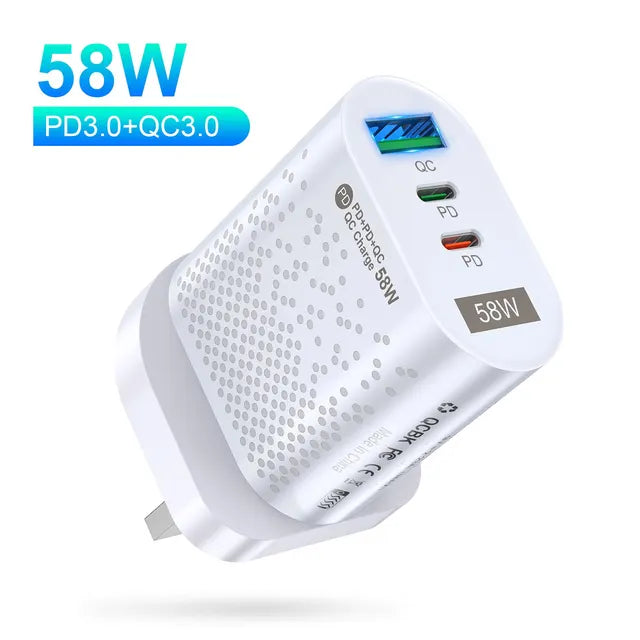 USLION-USB C Travel Fast Charging Charger, Tablet, Laptop, PD, Quick Charge 3.0, Wall Phone Adapter, iPhone 15, Xiaomi, 58W