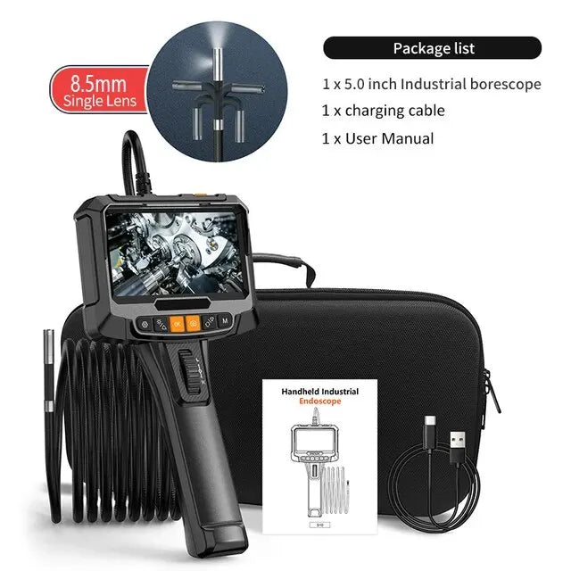 Cámara endoscópica industrial con dirección de 360°, boroscopio de inspección de lente simple y doble, pantalla IPS de 8 mm y 5 pulgadas, 1080P, para tuberías de motor de automóvil.