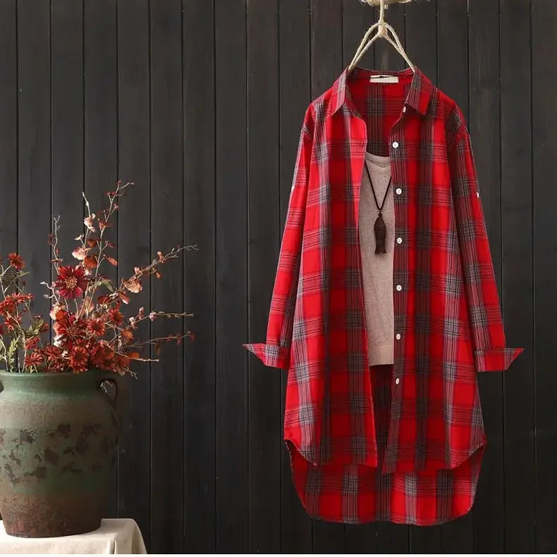 Plaid Medium Long Blouses Casual  Style Loose Shirts Female Summer Beach Sunscreen Blouses Fashion Korean Style Female Blouses