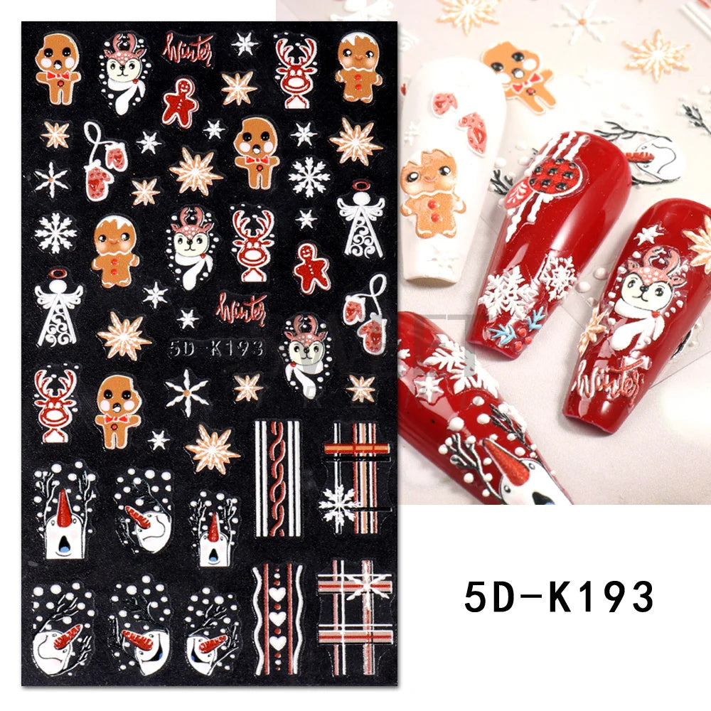 5D Red Christmas Nail Stickers Glitter Embossed Snowflake Gloves Feather Bulb Bells Winter Xmas DIY Engraved Manicure Decoration