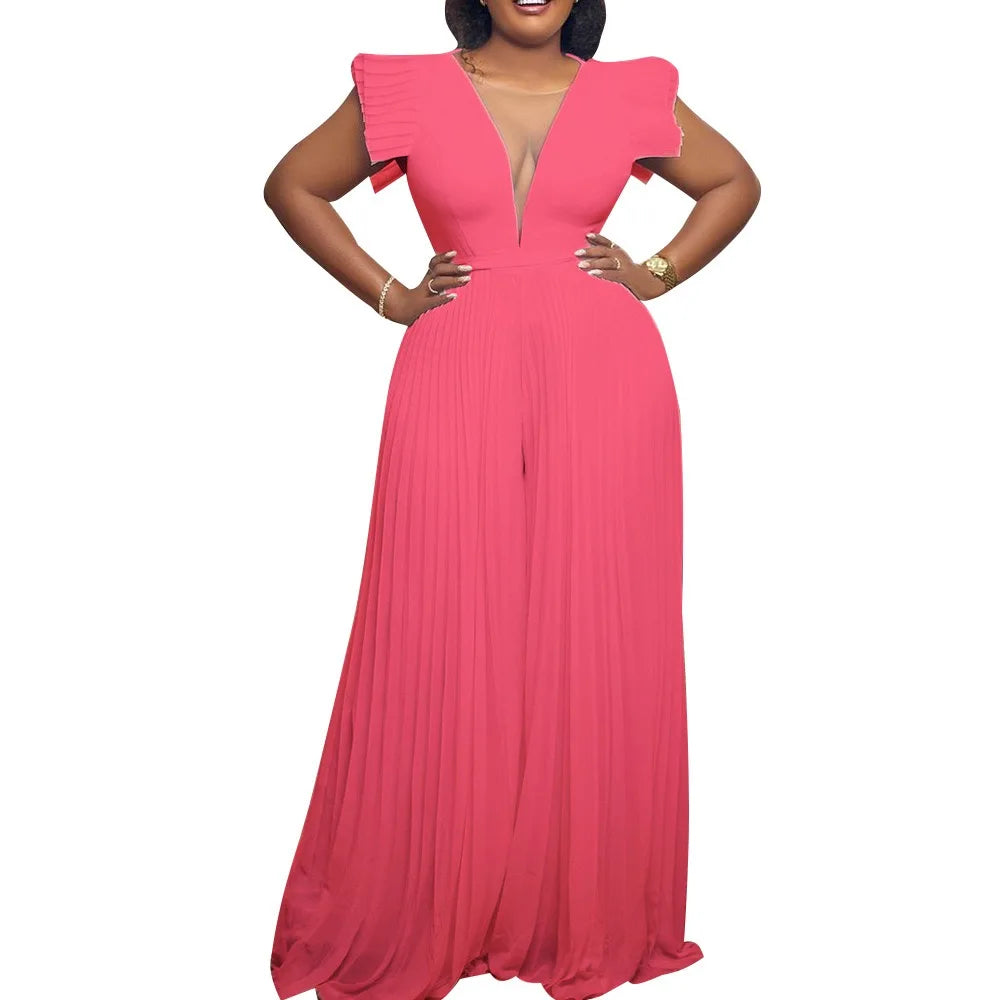 Elegant Pleated Jumpsuits & Rompers for Women V Neck Ruffles High Waisted Loose Floor Length Luxury Female Birthday Party Romper