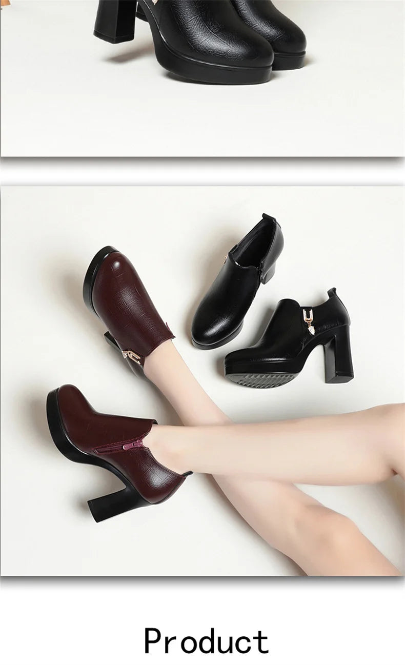 Comfortable Deep Mouth Soft Leather Anti-slip  Shoes Platform Spring 2024 Women's Block Black High Heels Office Mother Shoes