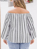 Fairyshely 2025 Spring Stripe Print Plus Size Top Women Long Sleeve Large Pullover T-shirt Lady Off Shoulder Casual Curvy Tops