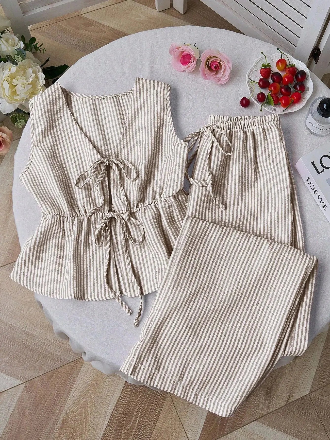 Women's Sets Two 2pcs Sale Summer V Neck Sleeveless Lace Up Vests&High Elastic Waist Striped Wide Leg Pant Suits OUYW-25014