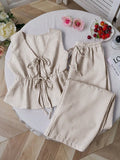 Women's Sets Two 2pcs Sale Summer V Neck Sleeveless Lace Up Vests&High Elastic Waist Striped Wide Leg Pant Suits OUYW-25014