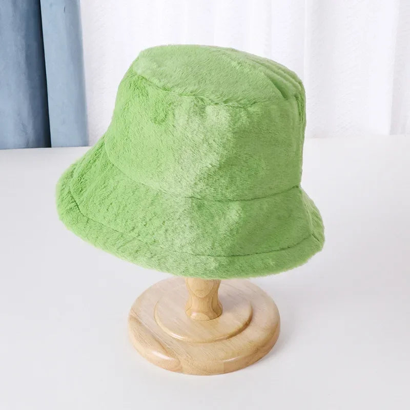 Winter Rabbit Plush Fisherman Hats for Women Girl Bucket Hat Windproof Leopard Soft Faux Fur Wide Brim Lady Women Artist Cap