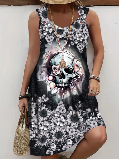 Vestido com estampa com cabeça de caveira feminino, laço curto, fivela, verão, moda, casual, tamanhos grandes, moda