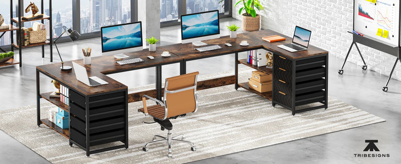 Tribesigns L Shaped Computer Desk with Storage Drawers, 59 inch Corner Desk with Shelves, Reversible L-Shaped Office Desk Study