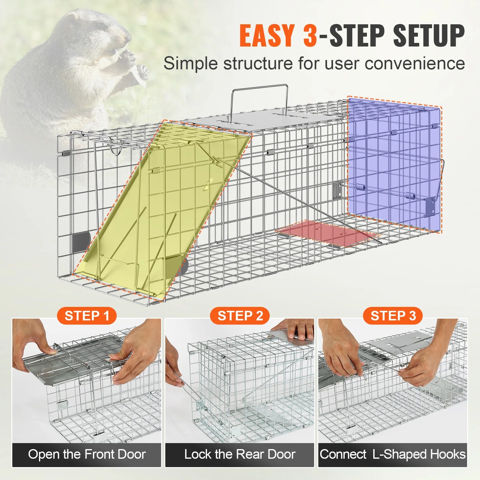 SucceBuy Live Animal Cage Trap Humane Cat Rodent Control Folding with Handle for Stray Cats Rabbits Squirrels Raccoons Groundhog