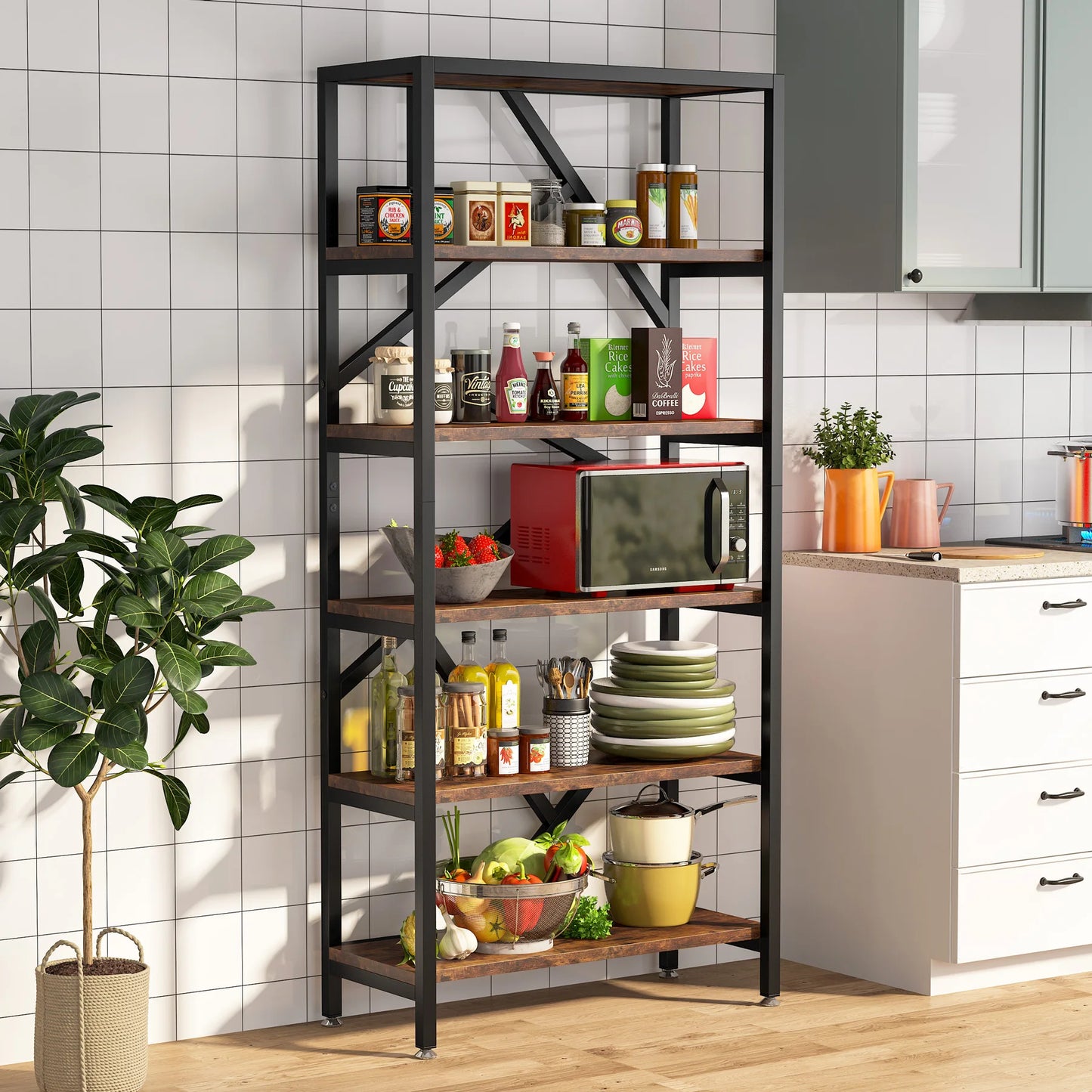 Tribesigns Bookshelf Storage Rack Standing Shelf 5 Tier Industrial Sturdy Bookshelf with Iron Pipe Frame