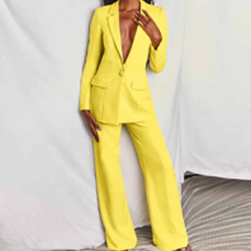 Blazer de color liso para mujer, traje elegante, pantalones rectos ajustados, conjunto de 2 piezas para oficina, otoño e invierno