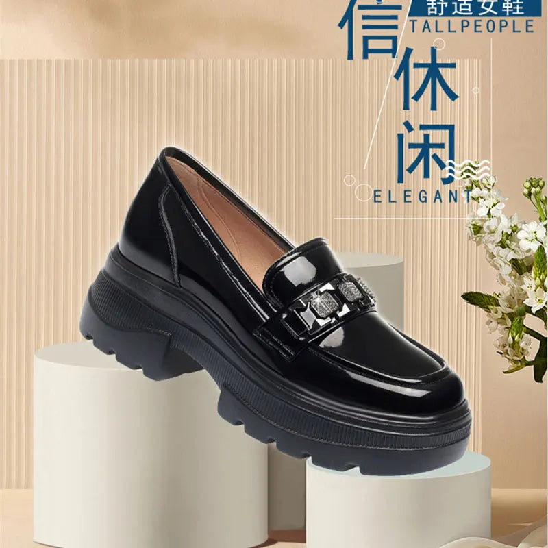 5.5cm British Style Thick Bottom Patent Leather Loafers Women's Platform Shoes 2024 Spring Shallow Block Heels Shoes Office