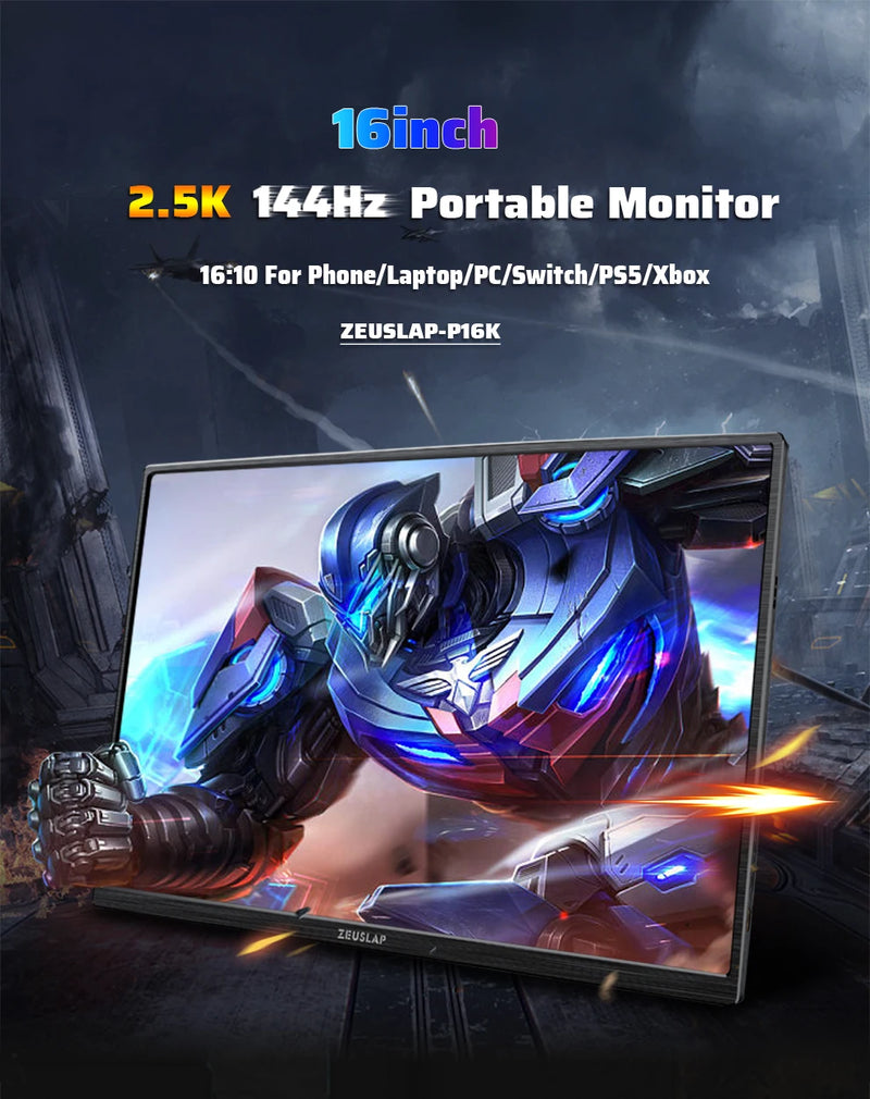 ZEUSLAP 16" 2.5K 144hz Portable Monitor 2560*1600 16:10 100%sRGB 500Cd/m²  Travel Gaming Display for Laptop Switch ps4 ps5 Xbox