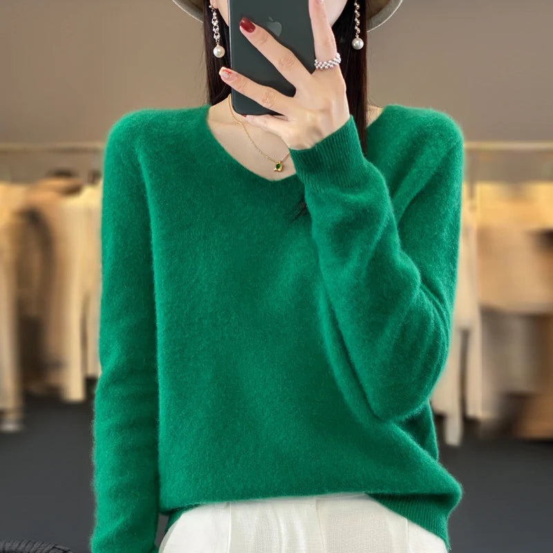 Suéter básico de otoño-invierno 2024 para mujer, 100 % lana merino, cuello en V, tejido de punto liso, jersey de oficina para mujer, manga larga, cachemir.